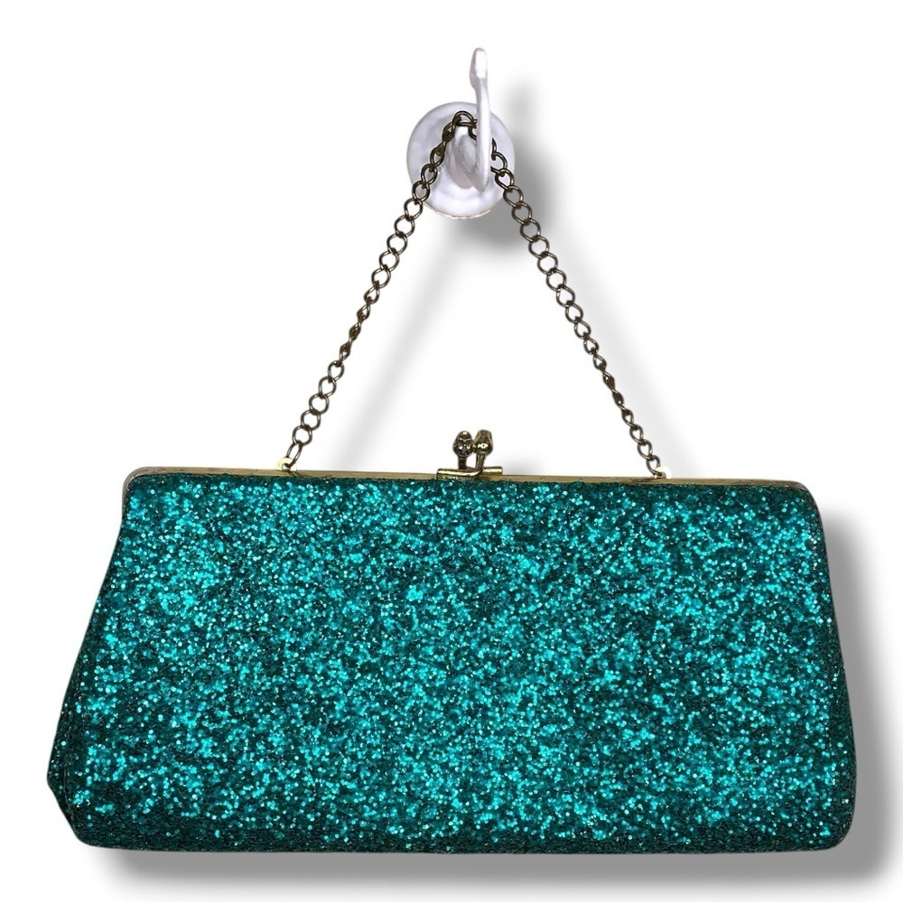 Vintage Green Glitter Clutch Purse Event Formal Holiday Gold Chain Party Pinup